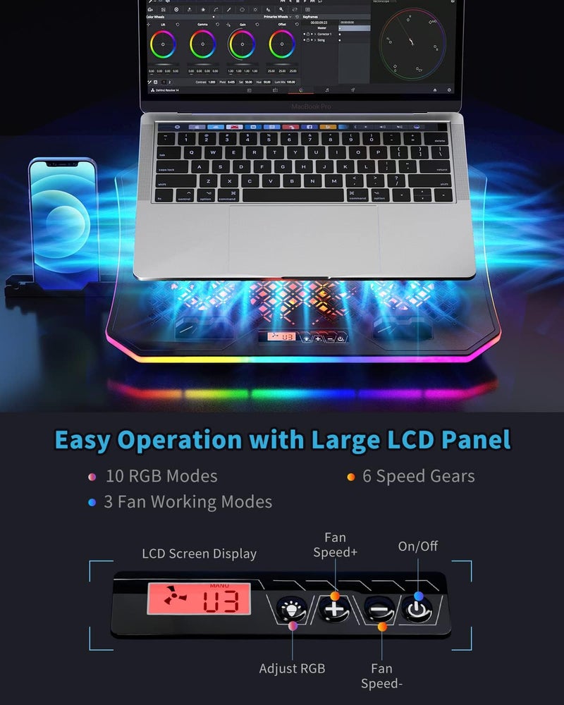 KeiBn Laptop Cooling Pad, RGB Lights Laptop Cooler 6 Fans for 15.6-17.3 Inch Laptops, 7 Height Stands, 10 Modes Light, 2 USB Ports, Desk or Lap Use (A8,Red) - Image 3